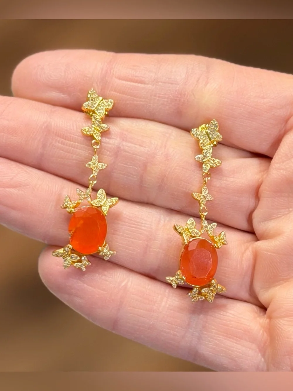 Natural Carnelian 3CT w/ Zircon in 18K Yellow Gold butterfly Dangle Earrings